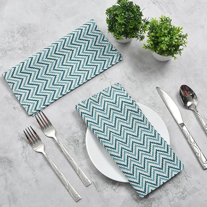 CPC Cloth Napkins 100% Cotton Set of 4 Reusable Napkins, Indian Block Print Toile Floral Dinner Napkin, Fall Thanksgiving Christmas Holiday Party Gift - Soft Absorbent Napkin, 18"x18" Sea Blue