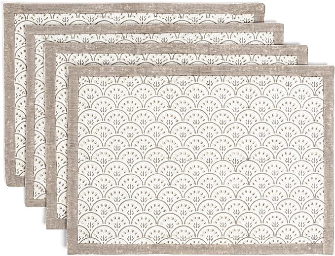 over&back Set of 4 Hand-Blocked Placemats - Colorful Dining Table Mat - Each Placemat is Unique - 100% Cotton - Machine Washable - Kitchen and Home Decor - Taupe Arch