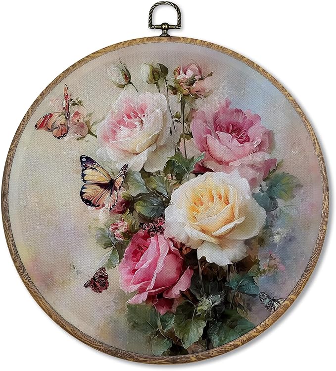 FUGWN Vintage Rose Butterfly Round Wall Art Decor Framed, Cottagecore Floral Botanical Canvas Artwork Prints, Rustic Farmhouse Flower Wall Hanging Decorations for Home Bedroom Living Room, 10x10 Inch