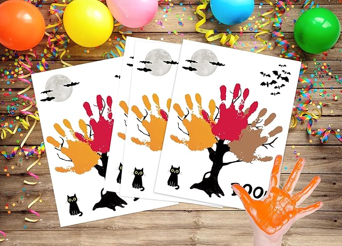NZSXU Halloween Baby Handprint Craft Kit, Baby First Halloween, 10 Pack Black Tree Bat DIY Handprint Keepsake Gifts, DIY Newborn Hand and Foot Arts and Crafts for Nursery Decor Class Activities