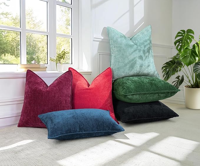 decorUhome Spring Couch Euro Sham Throw Pillow Covers 26x26 Set of 2, Decorative Soft Velvet Neutral Chenille Pillow Covers with Elegant Design for Sofa Bed Living Room Home Decor, Green