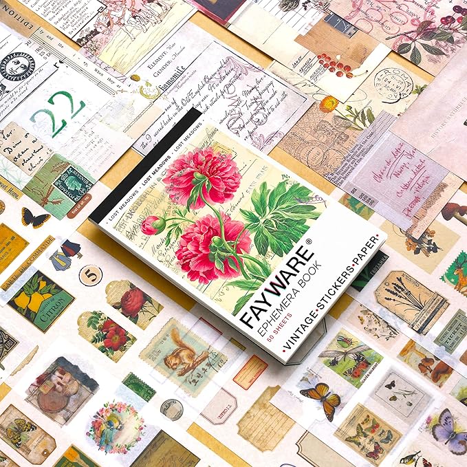 Vintage Washi Stickers for Journaling - Ephemera Book for Journaling with 414 Stickers & 20 Scrapbook Papers. Junk Journal Supplies, Scrapbooking Supplies