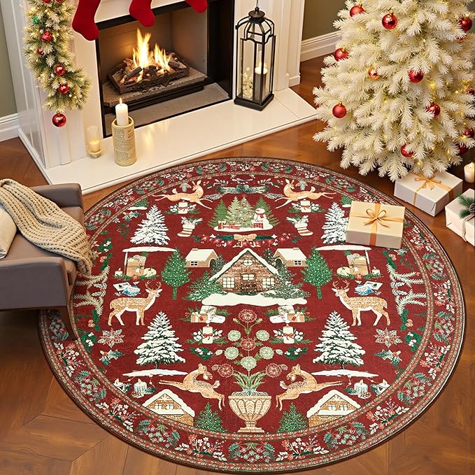 jinchan Round Christmas Rug for Living Room 6ft Maroon Circle Holiday Rug for Bedroom Printed Christmas Tree and Cabin 6' Winter Xmas Decor Washable Indoor Carpet for Dining Room Foyer Non-Slip
