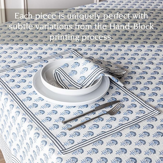 Over&Back Set of 4 Hand-Blocked Placemats - Colorful Dining Table Mat - Each Placemat is Unique - 100% Cotton - Machine Washable - Kitchen and Home Decor - Blue Flower