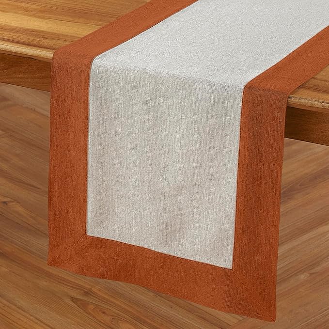 Solino Home Linen Table Runner 72 Inches Long - Cinnamon and Natural 100% Pure Linen 14 x 72 Inch Table Runner for Dining, Dresser - Contempo