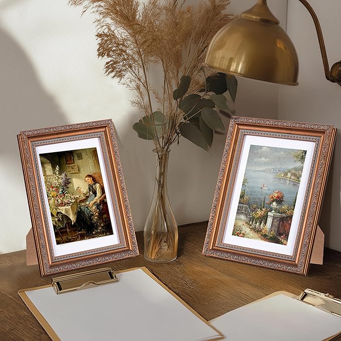 eletecpro 5x7 Picture Frames Set of 4, Vintage Photo Frames with Real Glass, Displays 4x6 Photo with Mat or 5x7 without Mat for Tabletop or Wall Decor, Bronze
