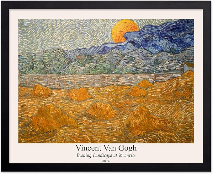 Monem Art Vintage Van Gogh Poster - Retro Evening Landscape at Moonrise Print - Impressionism Art - Fine Art - Classic Painting Art - Aesthetic Living Room Wall Decor - 16x20 Black Framed