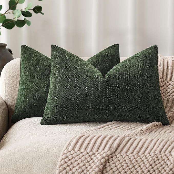 Foindtower Pack of 2 Soft Textured Chenille Throw Decorative Pillow Covers Lumbar Accent Solid Cushion Cover Cozy Farmhouse Pillow Case with Zipper for Couch Sofa Bed Living Room 12x24 Inch,Dark Green