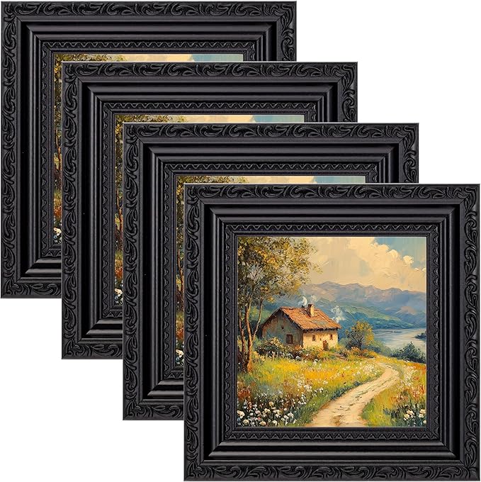 eletecpro 4x4 Picture Frames Set of 4, Ornate Vintage Photo Frames with Glass, Rustic Gothic Frame Displays 4x4 Photo for Tabletop, Black