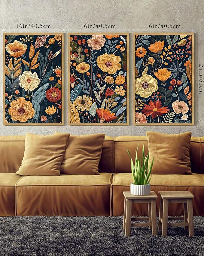 KUVIOKE Vintage Flower Framed Wall Art Colorful Boho Floral Wall Decor Botanical Retro Wildflower Modern Artwork Bedroom Living Home Decor 16x24in (Natural Framed)