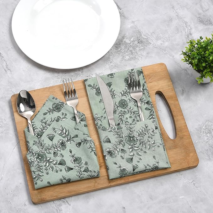 CPC Cloth Napkins 100% Cotton Set of 4 Reusable Napkins, Indian Block Print Toile Floral Dinner Napkin, Fall Thanksgiving Christmas Holiday Party Gift - Soft Absorbent Napkin, 18"x18" Laurel Green