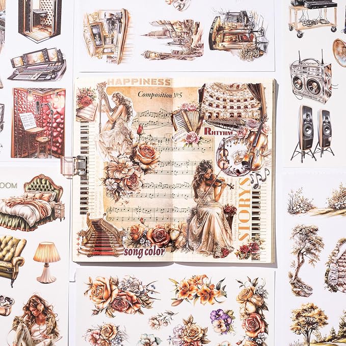 YagCu Journal Sticker Book, Music Life Scrapbook Stickers, Junk Journal Supplies, Pre-Cut Aesthetic Scrapbooking and Journaling for Women, Decorative Ephemera Bullet Planner DIY Arts
