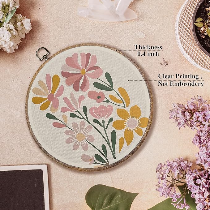 FUGWN Boho Floral Round Wall Art Decor Framed, Boho Abstract Minimalist Flower Canvas Artwork Prints, Neutral Flower Botanical Wall Hanging Decorations for Home Bedroom Living Room, 10x10 Inch