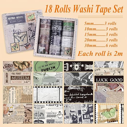 Washi Tape Set, 18 Rolls Washi Stickers, Assorted Sizes, for Junk Journal Scrapbook Tape, Bullet Journaling Scrapbooking Supplies, Planner Sticker DIY Craft DéCor (Newspaper)