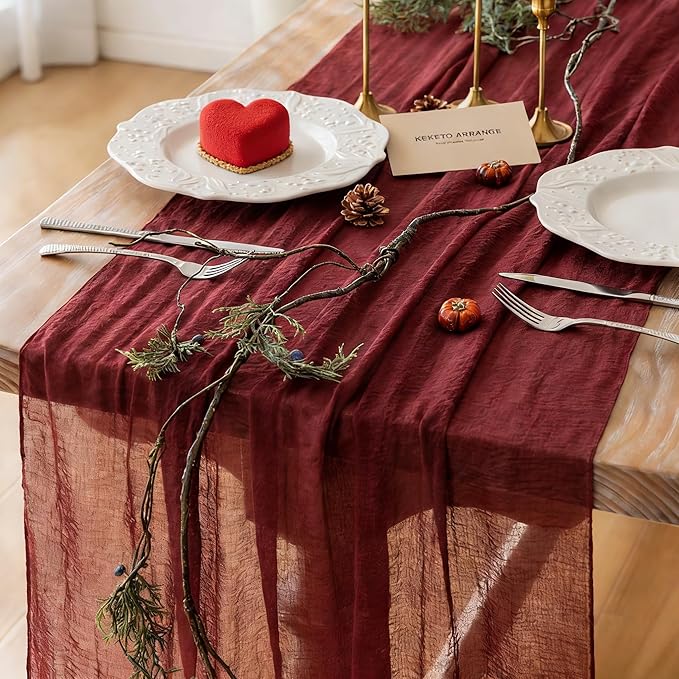 Keketoarrange 3pcs Burgundy Table Runner Valentines Decor Red Cheesecloth Gauze 120 Inch 10 FT Rustic Boho Cheese Cloth Runner for Wedding Baby Bridal Shower Party Long Sheer Spring Home Decorations