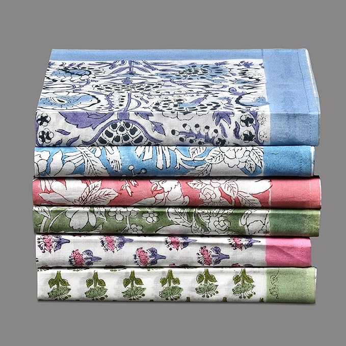 CPC Cloth Napkins 100% Cotton Set of 4 Reusable Napkins, Indian Block Print Toile Floral Dinner Napkin, Fall Thanksgiving Christmas Holiday Party Gift - Soft Absorbent Napkin, 18"x18" Mix Border