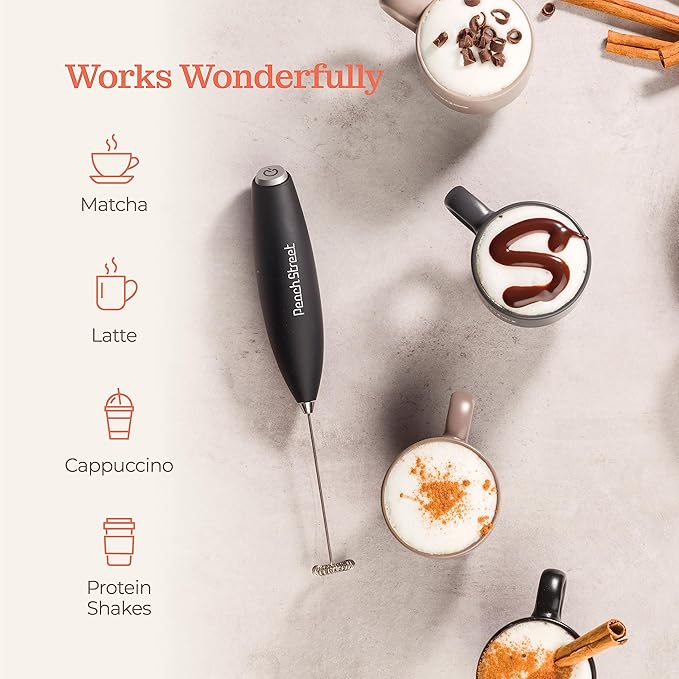 Powerful Handheld Milk Frother, Mini Milk Frother Wand, Battery Operated Stainless Steel Drink Mixer - Frother Stand for Milk Coffee, Lattes, Cappuccino, Frappe, Matcha, Hot Chocolate. Gift
