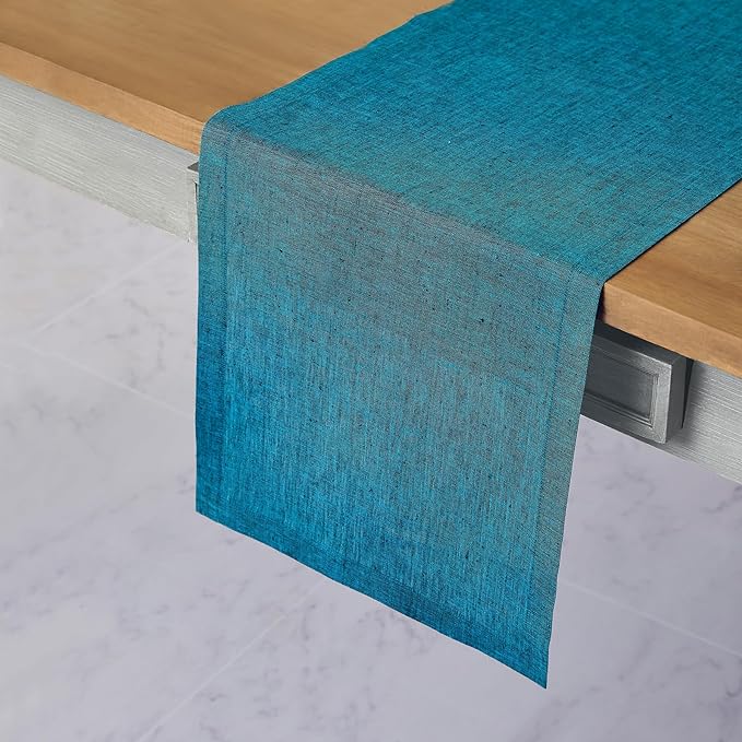 Solino Home Linen Small Table Runner 60 Inches - Athena, 100% Pure Linen Chambray Teal Table Runner 14 x 60 Inch Ideal for Dresser and Coffee Tables, Spring, Easter, St Patricks Day