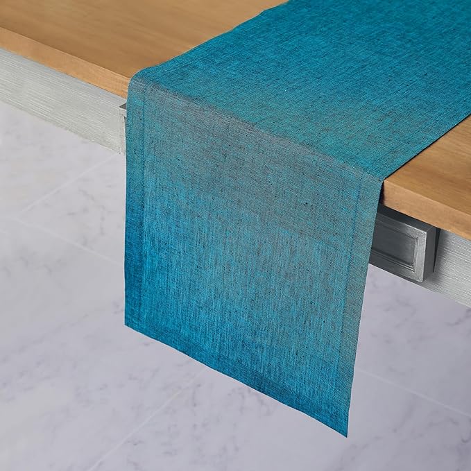 Solino Home Linen Table Runner 120 Inches Long - Athena, 100% Pure Linen Chambray Teal 14 x 120 Inch Table Runner for Dining, Spring, Easter, St Patricks Day