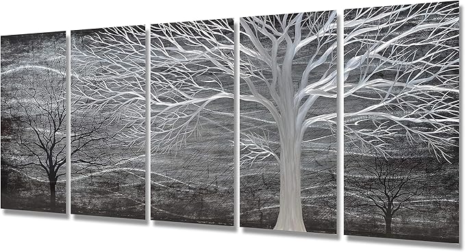 BATRENDY ARTS Extra Large 3D Silver Tree Metal Art Handmade Black Design Wall Decor Modern Home Accent Artwork for Living Room Decorations