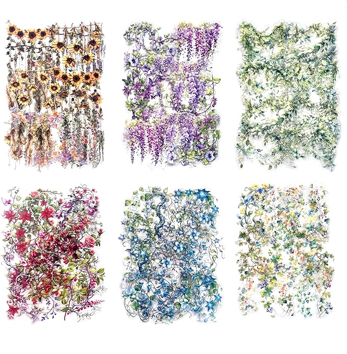 Flower Scrapbooking Stickers,120pcs PET Stickers,Colour Floral Waterproof Decals Stickers for Scrapbooking Supplies,Junk Journal,Bullet Journals. (Climbing Vine Flowers)