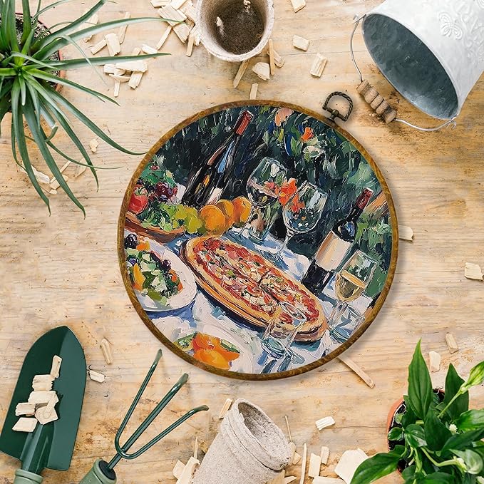 Hiuwevt Pizza and Champagne Round Wall Art Decor, Abstract Impressionist Cocktail Framed Canvas Prints, Quirky Whimsical Food Round Wall Hanging Decor for Bedroom Home Decorations, 10x10 Inches