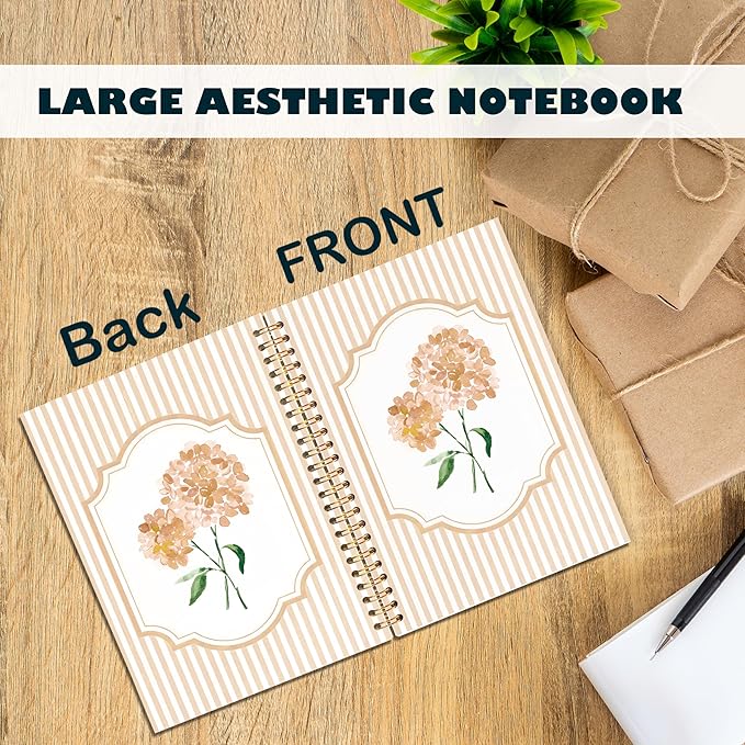 Coquette Preppy Hydrangea Notebooks, Brown and White Stripes Girly Floral Journal, Aesthetic Hydrangea Flower Spiral Notebook Journal for Note Taking, Girly Office Supplies, 5.5x8.3 Inch