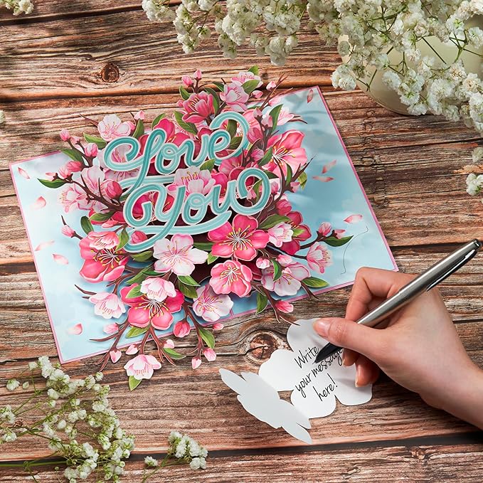 Floral Cherry Pop Up Cards, Love You, 3D Greeting Cards, Ideal Gifts for Birthday, Mothers Day, Valentines Day, Mom, Wife, Her, Girlfriend, Daughter, 5x7 - Includes Envelope And Message Note