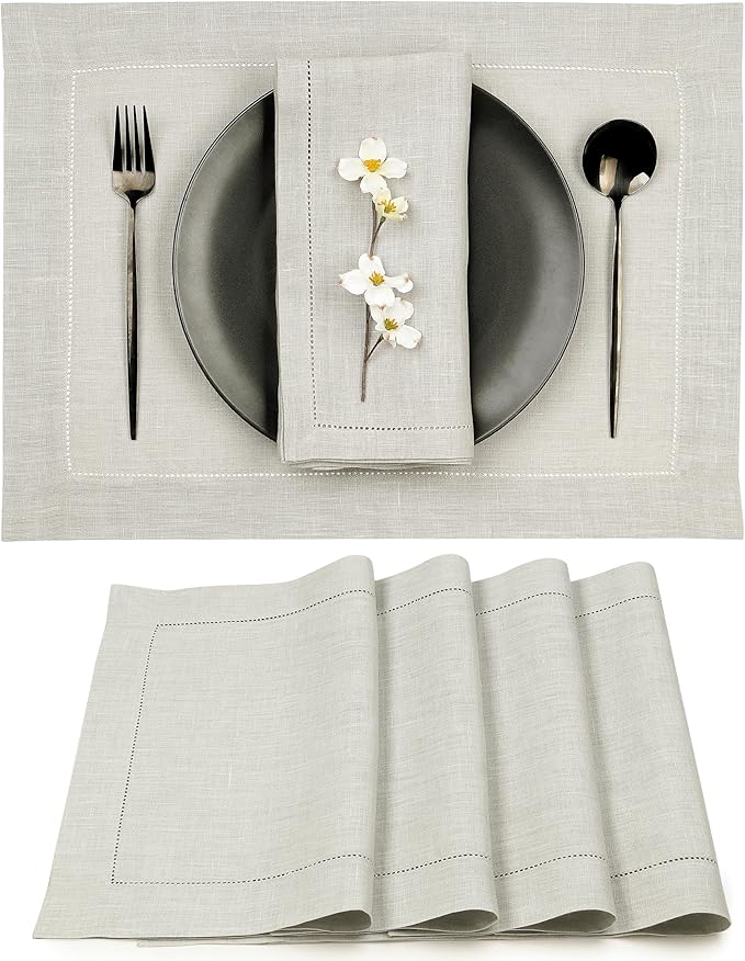 D'Moksha Homes Silver Grey Linen Cloth Placemats Set of 4-100% Pure Linen Hemstitch Placemats 14 x 19 Inch - Classic Hemstitch Table Place Mats for Spring, Easter - Handcrafted and Machine Washable