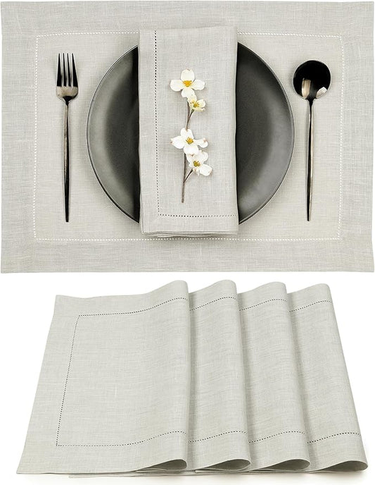 D'Moksha Homes Silver Grey Linen Cloth Placemats Set of 4-100% Pure Linen Hemstitch Placemats 14 x 19 Inch - Classic Hemstitch Table Place Mats for Spring, Easter - Handcrafted and Machine Washable