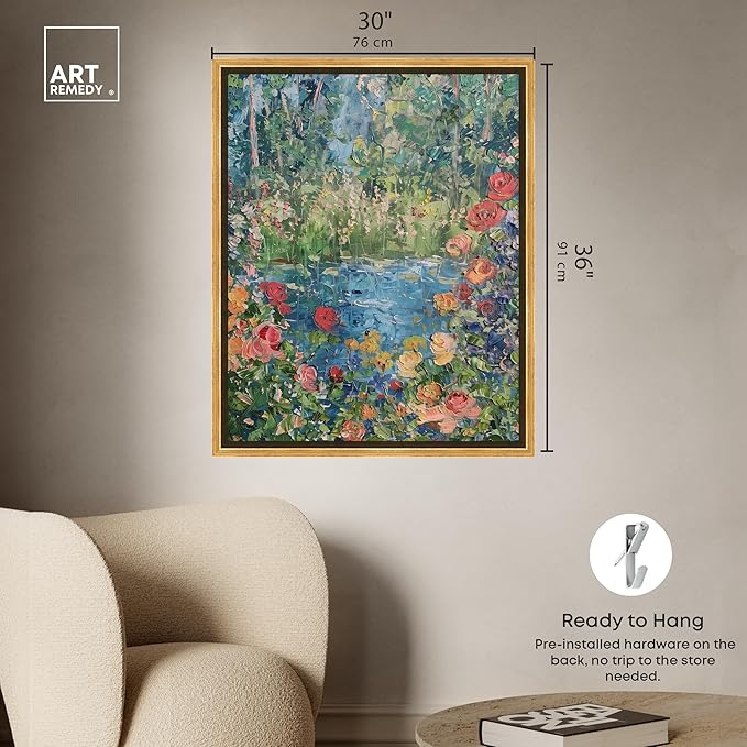 Art Remedy Serene Escape Framed Impressionism 1 Piece Canvas Wall Art/Monet And Van Gogh Inspired Art, 31.5" x 37.5", Gold Frame