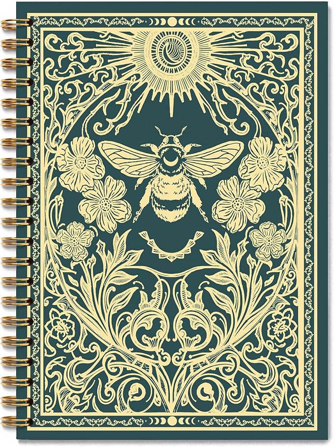 Witchy Gold Bumble Bee Notebook, Mystical Celestial Bees Floral Journal, Gifts for Bee Lovers Women, Vintage Witchy Magical Insect Spiral Journal Notebook, 5.5x8.3 Inch