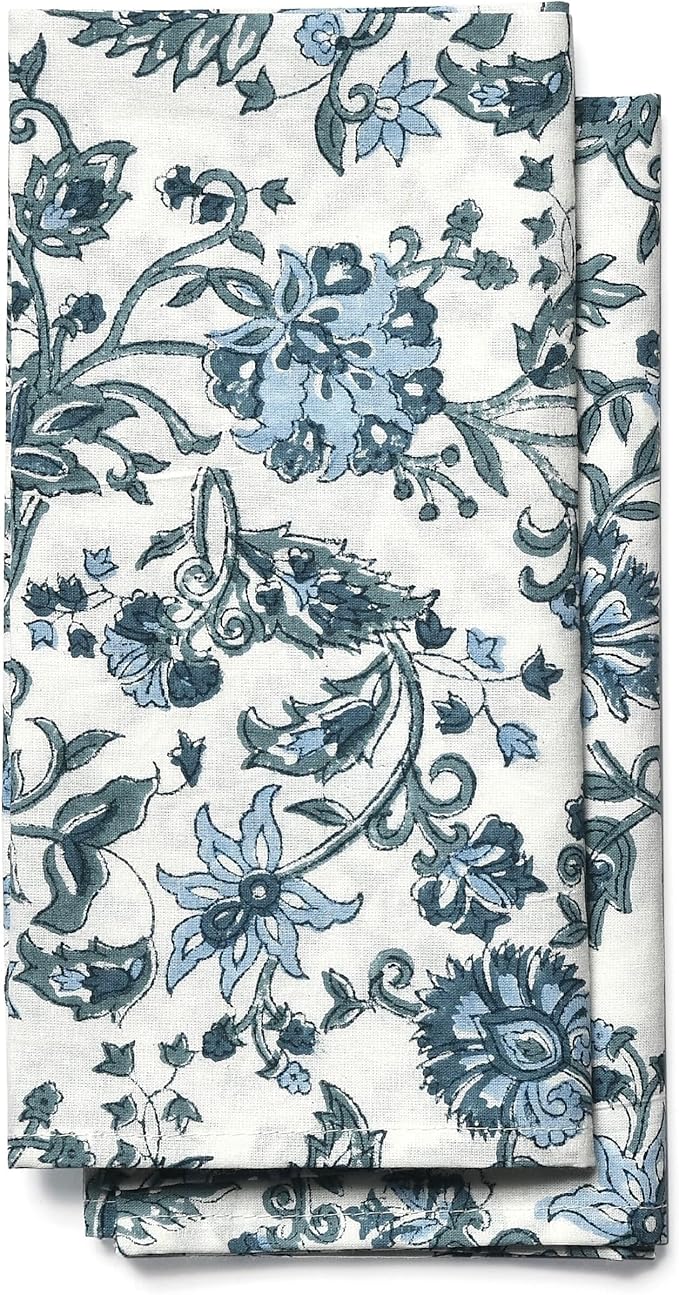 CPC Cloth Napkins Set of 6 Cotton Printed Dinner Hand Print Napkins I Wedding Cocktail Cloth Floral Napkins I 18x18 in I Blue Flower