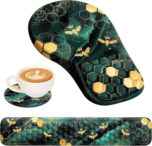 EYROZILL 3 in 1 Ergonomic Mousepad and Keyboard Wrist Rest, Mouse Pad with Wrist Support Massage Design, Keyboard Wrist Rest and Mouse Pad Set for Home Office (Green Bee)