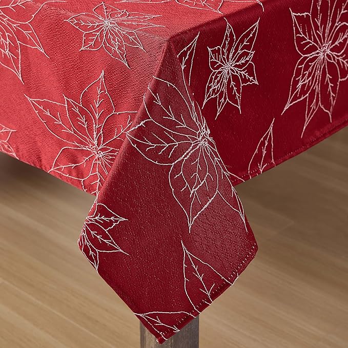Laura Ashley Tablecloth Raised Woven Embroidered Jacquard Fabric, Wrinkle Resistant for Dining, Holiday, Party, Wedding or Banquet, 60" x 102", Poinsettia Red