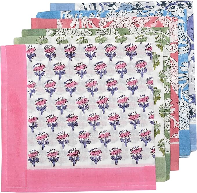CPC Cloth Napkins 100% Cotton Set of 4 Reusable Napkins, Indian Block Print Toile Floral Dinner Napkin, Fall Thanksgiving Christmas Holiday Party Gift - Soft Absorbent Napkin, 18"x18" Mix Border