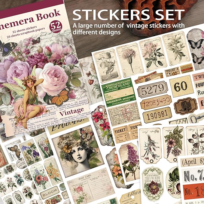 Vintage Sticker Book, 32 Sheets 496 Pcs Vintage Aesthetics Stickers & 20 Sheets Washi Paper for Journaling Scrapbooking Bullet Journals Planners Letter Card Making