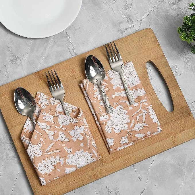 CPC Cloth Napkins 100% Cotton Set of 4 Reusable Napkins, Indian Block Print Toile Floral Dinner Napkin, Fall Thanksgiving Christmas Holiday Party Gift - Soft Absorbent Napkin, 18"x18" Light Peach