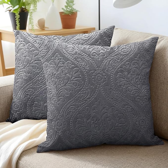 Encasa XO Luxury Embossed Velvet Throw Pillow Covers - Plush Cushion Covers for Elegant Living Rooms & Bedrooms, Machine Washable, 18"x18" Grey | Set of 2 | Covers Only No Insert