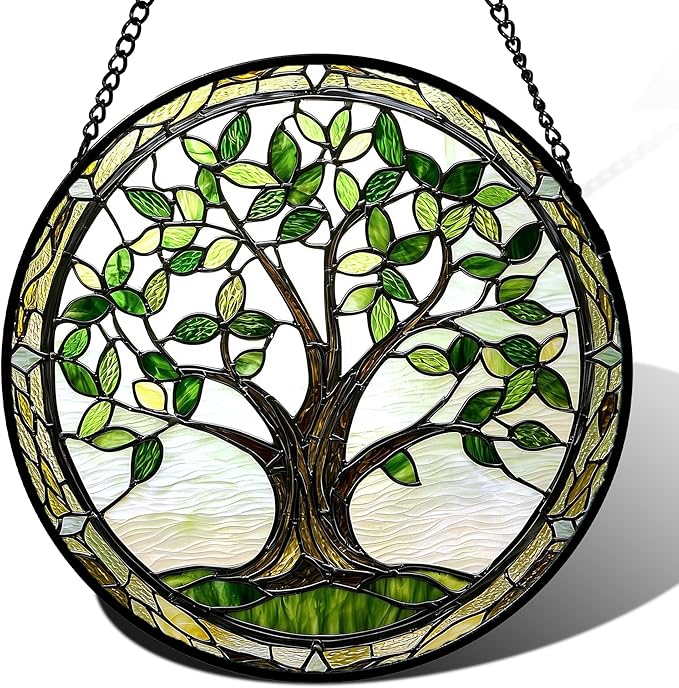 Stained Glass Window Hanging - Brown Tree Trunk Green Leaves Sun Catcher for Door Garden Home Decor Plant Suncatcher Christmas Mother's Day Birthday Gifts for Women Men Mom Nana 15 in