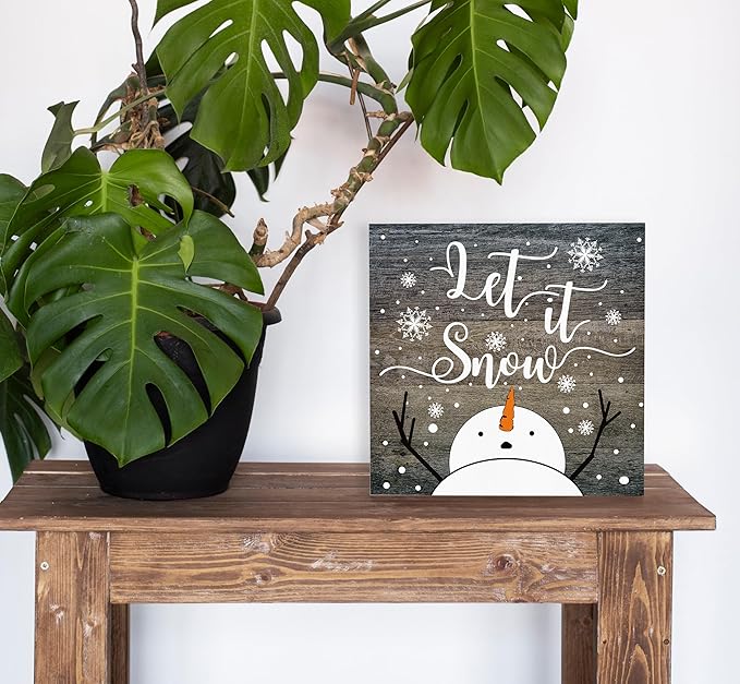 SRADMO Let It Snow Christmas Wooden Sign Desk Decor, Snowman Christmas Decor, Rustic Winter Snowflake Wood Block Signs for Home Office Xmas Party Holiday Desk Table Shelf Decorations, 8x8 Inches