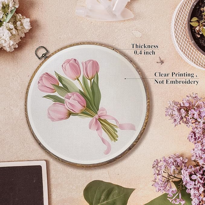 FUGWN Coquette wall decor Pink Tulip Floral Round Wall Art Decor Framed, Pink Bow Tulip Flower Bouquet Canvas Artwork Prints, Floral Wall Hanging Decorations for Girly Bedroom Room Home, 10x10 Inch