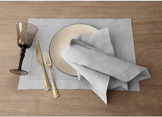 Solino Home Linen Cloth Placemats Set of 6-100% Pure Linen Hemstitch Soft Grey Placemats 14 x 19 Inch - Classic Hemstitch Table Place Mats for Winter, Spring, Easter