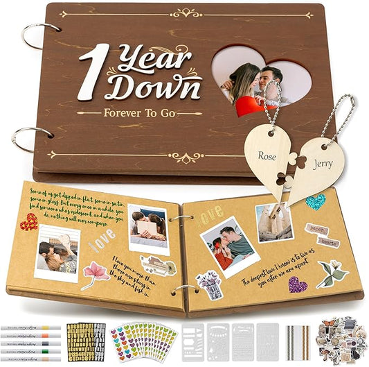 CY2SIDE One Year Anniversary Couple Gifts - 111PCS 1st Down Photo Wooden Album Scrapbook Craft Kit Included Wood Cover Heart Puzzle Brown Paper Sticker Marker Template for DIY Anniversary Dating Gifts
