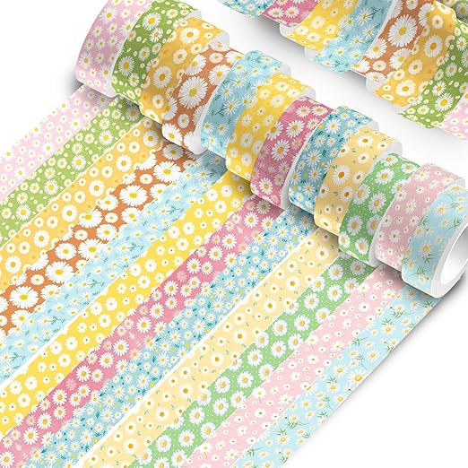 12 Rolls Daisy Washi Tape Set - Spring Summer Flower Decorative Tape for Journals, Planners, Scrapbooking, Packaging & Crafts DIY - 12 Unique Patterns