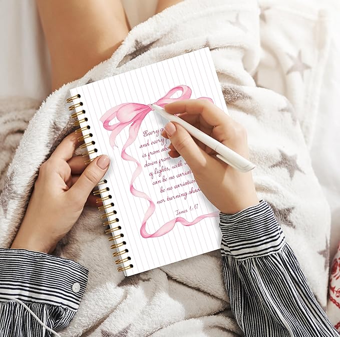Christian Notebook, Coquette Pink Bow Bible Verse Spiral Notebook 5.5x8.3, Preppy Aesthetic Journal for Women, Coquette Office Supplies, Bible Journaling Spiral Journal
