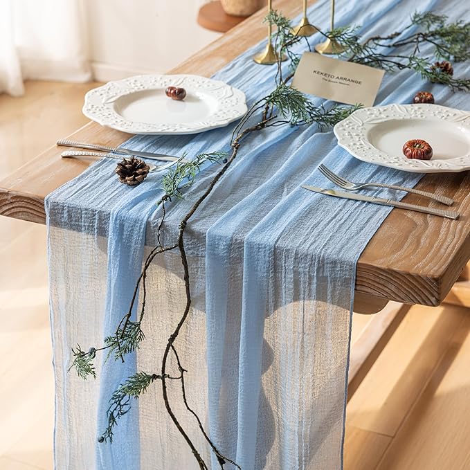 Keketoarrange Easter Table Runner Light Blue Cheesecloth Gauze Rustic Cheese Cloth Table Runner 120 Inch 10 FT for Wedding Baby Shower Bridal Shower Birthday Party Sheer Spring Home Boho Decorations