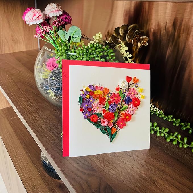 Quilling Cards, handmade card, quilled cards with Handmade Art Quilling birthday card for women, Birthday card, mother... colorful heart design (Flowers Heart 1)