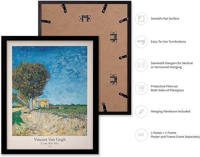 Monem Art Vintage Van Gogh Poster - Retro A Lane near Arles Print - Impressionism Art - Fine Art - Classic Painting Art - Landscape Art - Great Bedroom or Office Decor - 8x10 Black Framed
