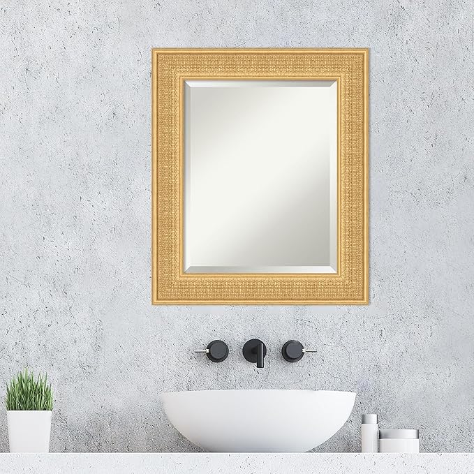 Amanti Art Gold Wall Mirror 26x22 Trellis Gold Rectangle Bathroom Mirror for Wall Decor Living Room, Small Traditional Wood Frame, Hangs Horizonally and Vertically, Bathroom Decor, Beveled Edge